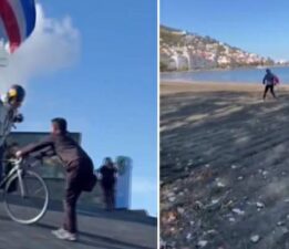 Yamaç paraşüt sporcusu havada bisikletiyle pedal çevirdi