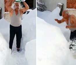“Biz yayla çocuğuyuz” diyerek karda yüzdü