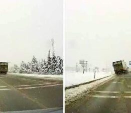 Tır sürücüsü’nün yürekleri ağza getiren anları kamerada