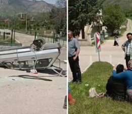 Devrilen otomobilden sağ kurtuldular