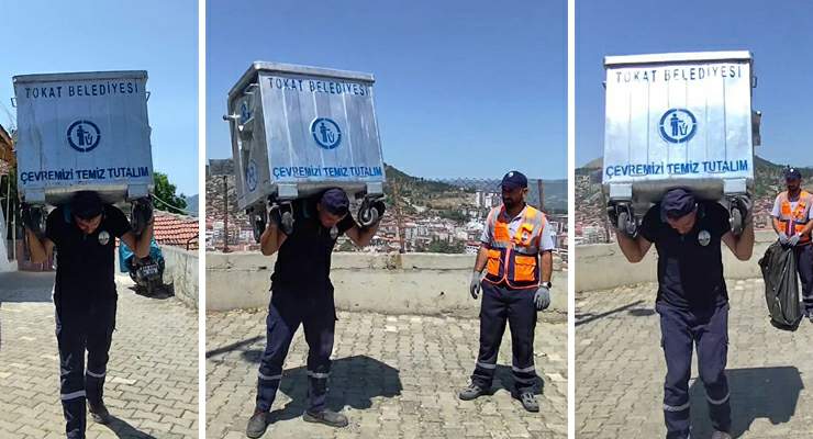 Çöp tenekesini sırtlayan personel temizlikte sınır tanımadı