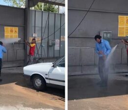 Sıcaktan bulanan Tokatlı, oto yıkamacıda tazyikli suyla serinledi