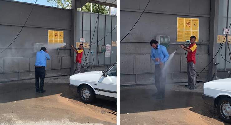 Sıcaktan bulanan Tokatlı, oto yıkamacıda tazyikli suyla serinledi