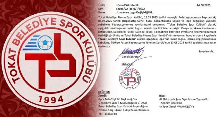 Plevnespor artık yok, “Tokat Belediye Spor Kulübü” var