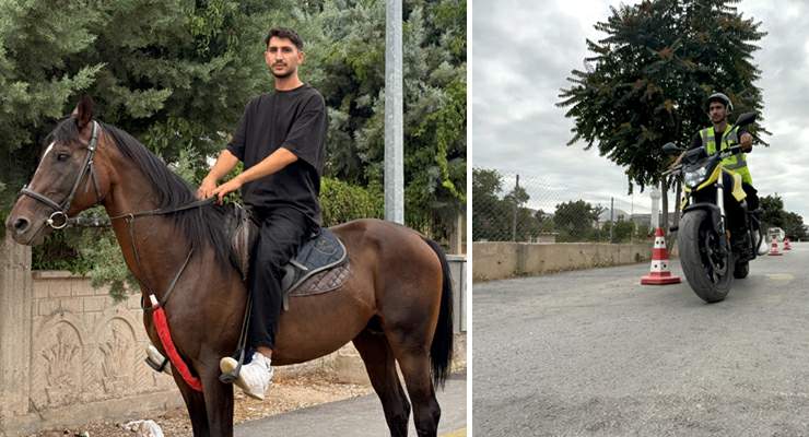 Tokat’ta direksiyon sınavı heyecanını yenmek için motosiklet yerine atla parkura girdi
