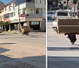 Erbaa’da motosikletle koltuk taşıdı