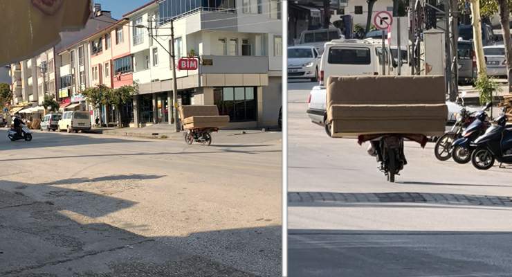 Erbaa’da motosikletle koltuk taşıdı