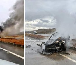 Kayganlaşan yolda kaza yaptı, otomobil alev aldı