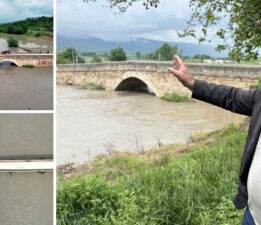 Tokat’ta Yeşilırmak taştı, 8 asırlık taş köprünün üç gözü su altında kaldı