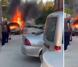 Hastane otoparkında otomobil alev topuna döndü
